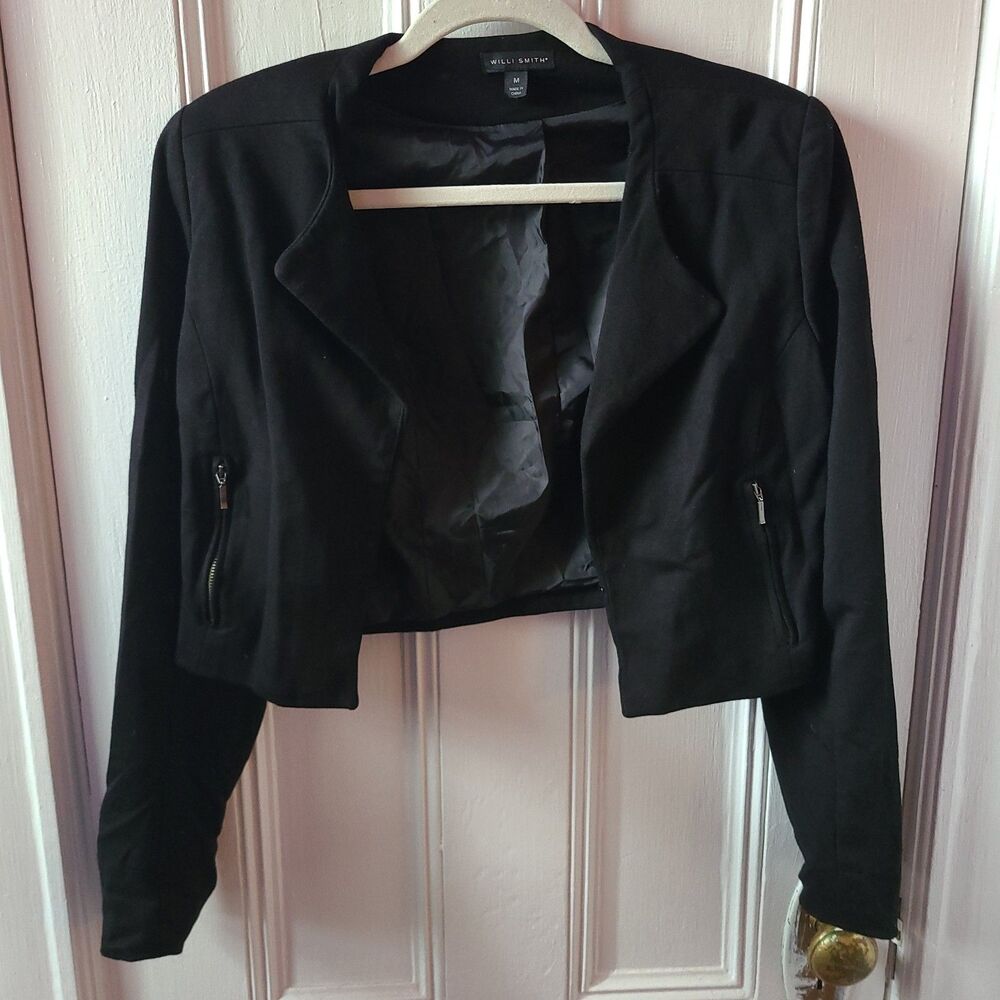 Willi Smith Women's Black Cropped Basic Jacket Full Zip Pockets Solid M
